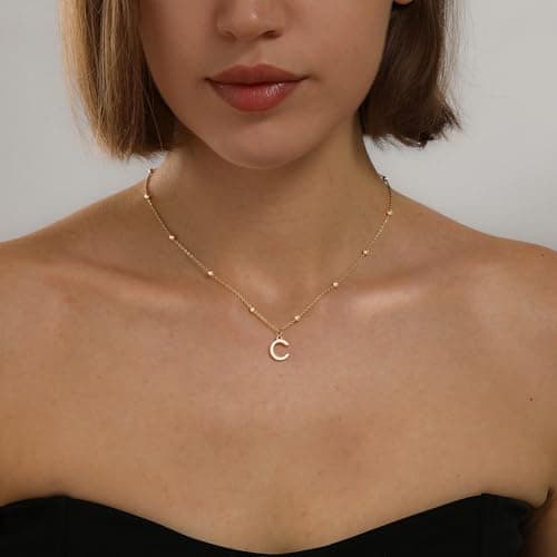 KISSCLOUD Initial Necklaces for Women 14K Gold Plated Dainty Letter Charm Necklace Personalized Name Pendant Bead Chain C Necklace Non Tarnish Trendy Jewelry Gift - Thumbnail 2