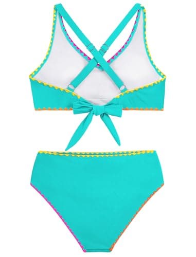 HOZIY Girl Swimsuits Teen Kids Two Piece Bikini Sets Mint Green V-Neck Crisscross Bathing Suit Juniors Adjustable Straps Swim Swimwear Size 14-16 - Thumbnail 6