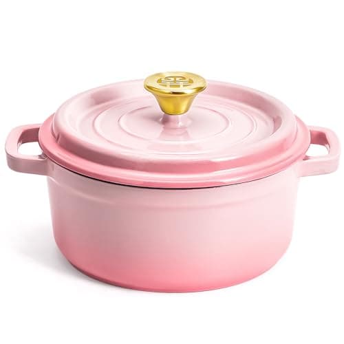 WANGYUANJI 3.3 Quart Enameled Cast Iron Dutch Oven with Lid, 8.7-Inch Heavy-Duty Casserole & Braiser Pan, Thick-Wall Construction, Silver Stainless Steel Knob, Gradient Pink, Safe for All Cooktops