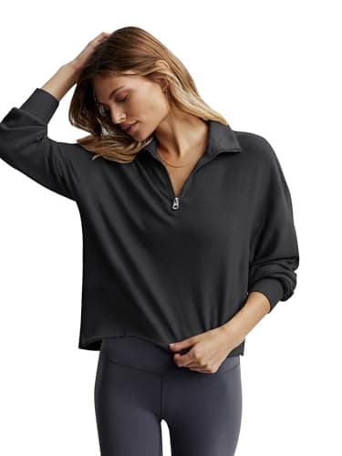 COCOMARTS Womens Sweatshirts Half Zip Pullover Drawstring Waist Sweaters Quarter Zipper Hoodies 2025 Fall Winter Fashion Clothes Outfit Black Small - Thumbnail 2