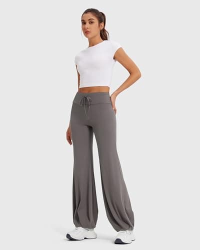 MOOSLOVER Women Bubble Yoga Pants Drawstring Fold Over Flare Leggings Pilates Casual Lounge Pant(XL,Grey) - Thumbnail 3