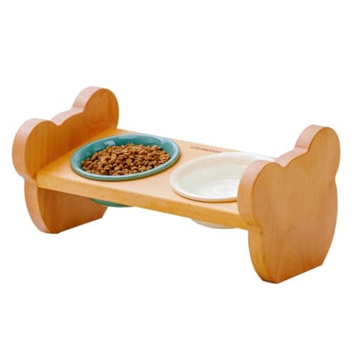 Elevated Double Ceramic Cat Bowls with Solid Beech Wood Stand, 10° Tilted