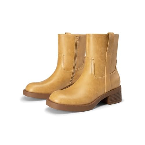Athlefit Ankle Boots for Women Low Heel Square Toe Chunky Block Heel Fashion Short Banana Boots with Side Zipper Yellow Size 8.5 - Thumbnail 4