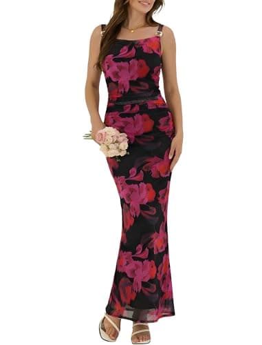 ZAFUL Black Flower DressWomen's Sexy Wedding Guest Dress Formal Sleeveless Cocktail Floral Mesh Ruched Bodycon Maxi Party Long Dresses - Image 1