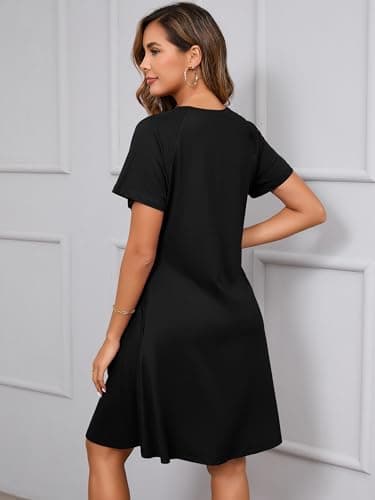 Heymoments Women's Short Sleeve Dress Black XX-Large Plus Size Crewneck Casual Flowy Below Knee Length Sundress Comfortable Shirt Work Summer Cheap Dresses with Pockets - Thumbnail 5