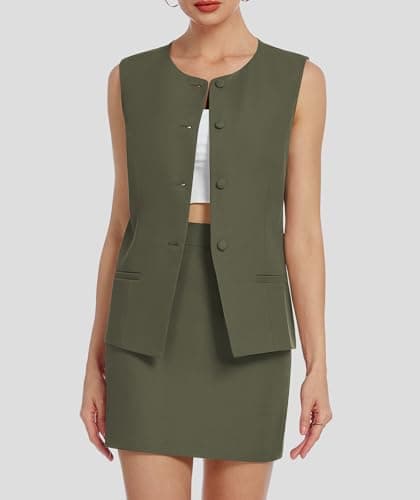Casly Lamiit Womens Suits 2 Piece Set Summer Business Blazers Vest Skirts Set Button Down Sleeveless Waistcoat Dressy Casual Outfits Army Green L - Thumbnail 2