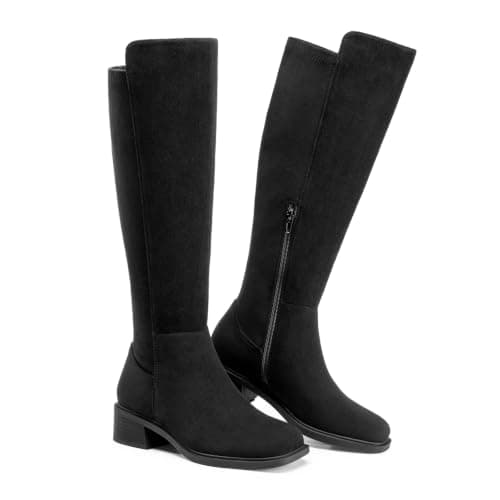 Athlefit Black Knee High Boots for Women Suede Square Toe Low Heel Tall Boots Stretchy Fall Travel Long Booties with Side Zipper 9.5 - Thumbnail 6