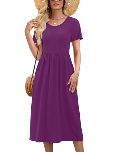 Heymoments Women Dress Violet Purple Medium Wedding Guest Crewneck Short Sleeve A line Casual Flowy Swing Cocktail Slimming Birthday Party Summer Travel Long Midi Dresses with Pocket - Image 1
