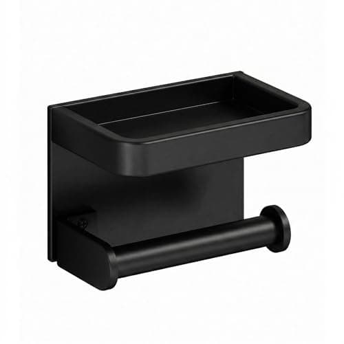 Lavstow Toilet Paper Roll Holder with Phone Shelf, Adhesive or Screw Aluminum Tissue Roll Holder Wall Mount, Rustproof for Bathroom,Washroom Black - Image 1