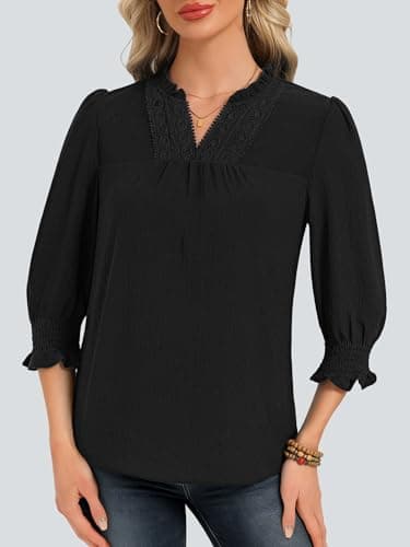 Funlingo 3/4 Length Sleeve Womens Tops Dressy Casual Flowy Blouses Boho Ruffle V Neck Lace T Shirts with Smocked Cuffs 2026 Fashion Clothing Black XL - Thumbnail 2