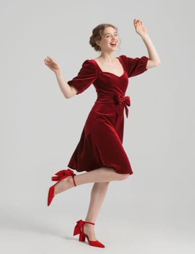 Yremael Women's Red Pointed Toe Pumps Bow Ankle Strap Chunky High Heels Dress Wedding Shoes - Thumbnail 2