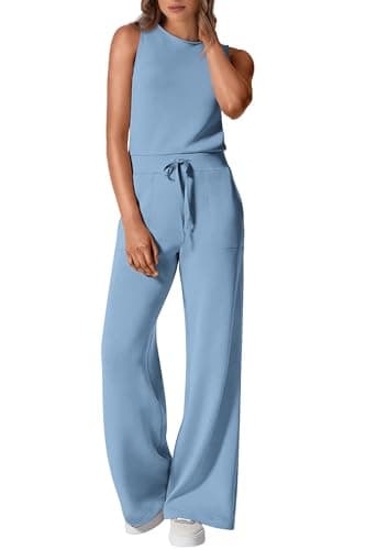 PRETTYGARDEN Jumpsuits for Women Casual 2026 Summer Sleeveless Wide Leg Pants Rompers One Piece Beach Vacation Spring Outfits (Light Blue,X-Large)