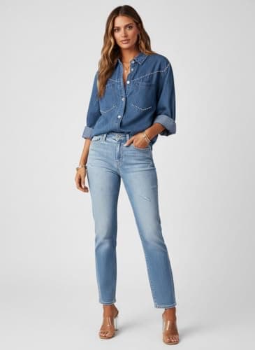 Dokotoo Western Shirts for Women V Neck Button Up Chambray Shirts Cowgirl Long Sleeve Denim Shirt Women Rhinestone Top Country Concert Outfits Western Shirt Denim Tops Blouses Fashion Wear Sky Blue L - Thumbnail 2