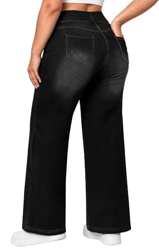 AVAMO Plus Size Jeans for Women Stretchy Wide Leg Pull On Sweatpant Jeans for Curvy Women High Waisted Baggy Denim Pants Black - Thumbnail 2