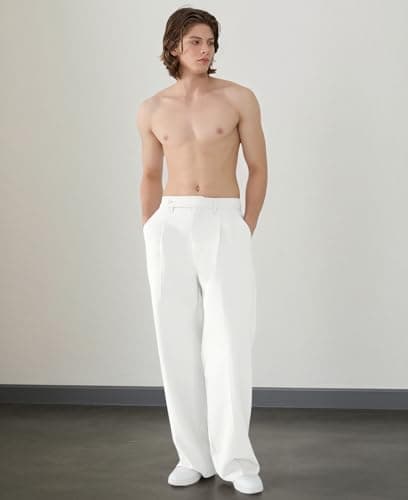 Susclude Baggy Dress Pants Men Old Money Pleated Wide Leg Pants Mens Casual Relaxed Fit Lightweight Work Pants for Men White - Thumbnail 3