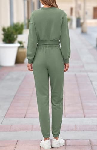 BTFBM Women 2 Piece Outfits Long Sleeve Crop Top Pullover Drawstring Pant Jogger Set Casual Sweatsuits Tracksuit Pockets(Green, Medium) - Thumbnail 4