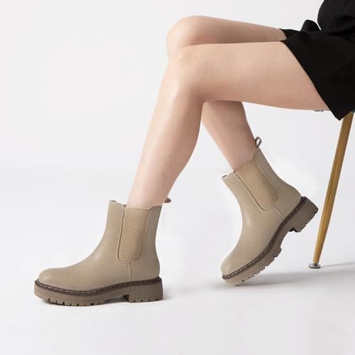 Athlefit Chelsea Boots Women Platform Ankle Boots for Women Lug Sole Round Toe Fashion Low Heel Short Booties Khaki Size 8.5 - Thumbnail 6