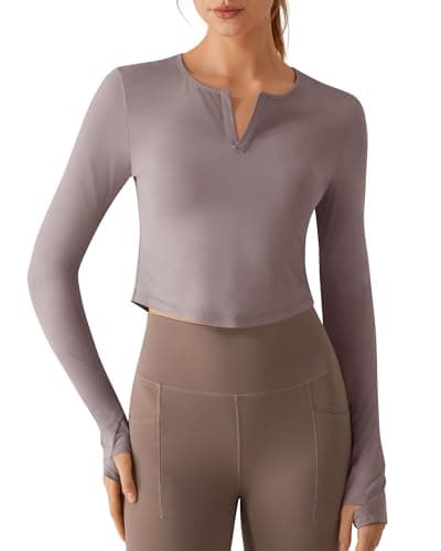 G4Free UPF 50+ Sun Shirt Crop Workout Tops for Women V Neck Straight Shoulder for Gym Sports Lightweight(Gray Lilac,XS) - Image 1