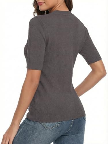LaGracia Wool Blend Sweaters for Women Crewneck Short Sleeve Lightweight Sweater Office Summer Outfits Coffee 2XL - Thumbnail 4