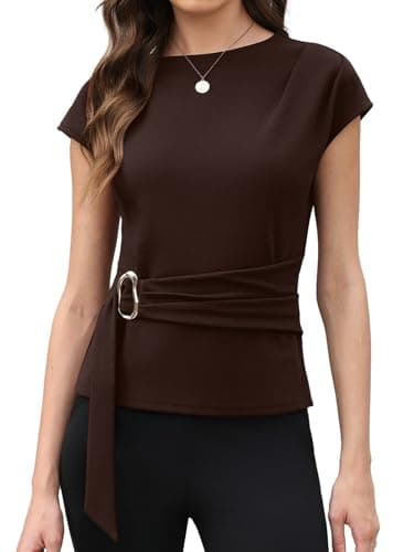 Agenlulu Women's Blouses Boat Neck Cap Sleeve Shirts for Business Casual Work Office Summer Relaxed Fit Buckle Tunic Top Brown - Image 1