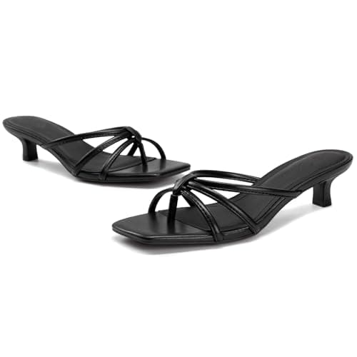 Athlefit Black Kitten Heels for Women Square Toe Summer Low Heels Slip On Flip Flop Strappy Heeled Thong Sandals Size 9 - Thumbnail 6