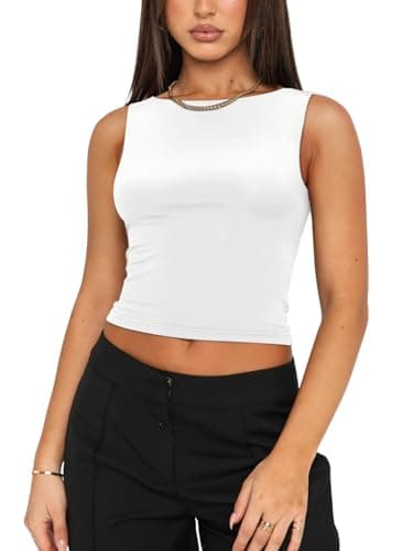 REORIA Women's Summer Sexy Open Back High Neck Sleeveless Tank Top Double Lined Y2k Trendy Backless Crop Tops White X-Small - Thumbnail 2