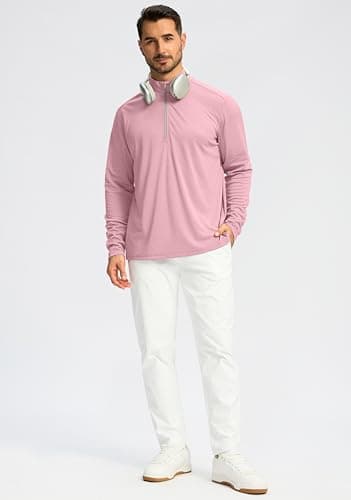 Obla Golf Quarter Zip Pullover for Men Mock Neck Sweatshirt Lightweight Sun Protection Men's Long Sleeve Golf Shirt (Pink Melange_M) - Thumbnail 6