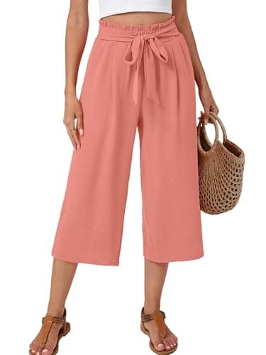 Moodclo High Waisted Wide Leg Pants Pink Large for Women Summer Beach Vacation Lounge Trousers with Pockets 2026 Trendy - Image 1