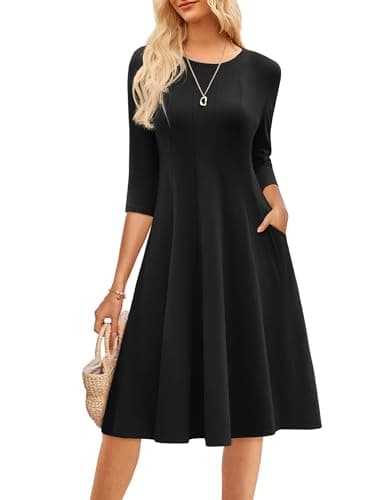 GRACE KARIN Black Dresses for Women Casual 3/4 Sleeve Midi Dress 2025 A Line Funeral Dress with Pockets Black 2XL - Image 1