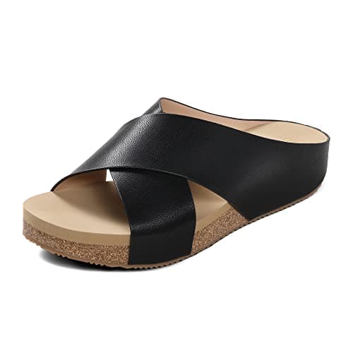 DREAM PAIRS Women's Cork Slide Sandals Slip On Open Toe Cute Platform Cross Flat Sandals For Summer,Size 6.5,Black/Pu,SDSS2218W - Image 1
