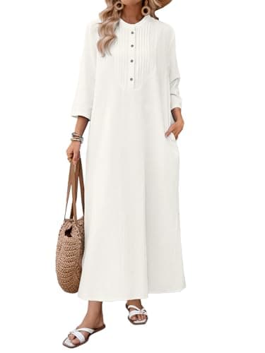 Celmia Cotton Dress for Women Casual Long Sleeve Linen Maxi Dresses White X-Large - Image 1
