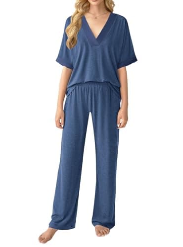 GKBK Womens Two Piece Outfits Pajama Sets 3/4 Dolman Sleeve Sleepwear Nightwear Loungewear Matching Pjs 2 Piece Lounge Set Lightweight Sweatsuit Fall Fashion Ooutfit Navy Blue M - Thumbnail 2