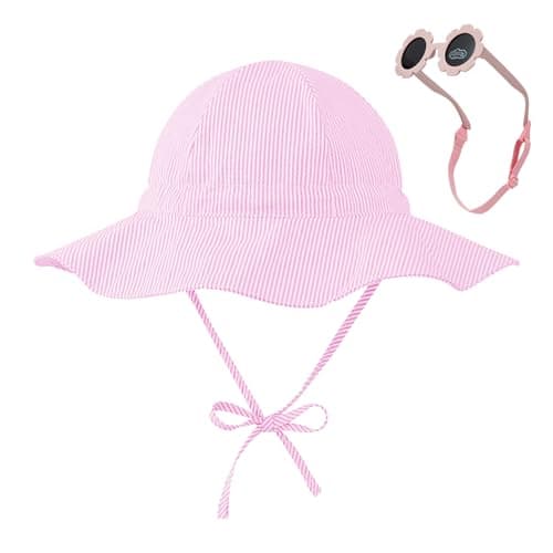 Durio UPF50+ Baby Sun Hat and Sunglasses - Sun Protection Hat for Boy Girl, Wide Brim Summer Beach Hats for Newborn Toddler Pink 3-6 Months - Image 1