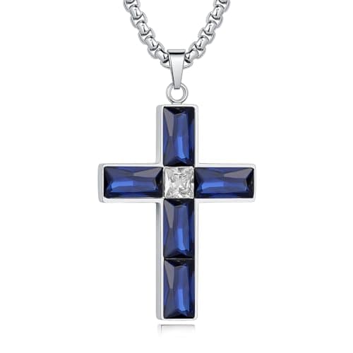 BAMIKI Cross Necklace for Men, Created Sapphire Blue Cubic Zirconia Pendant with 316L Stainless Steel, September Birthstone Necklace Faith Jewelry Gifts, Box Chain 24 Inch