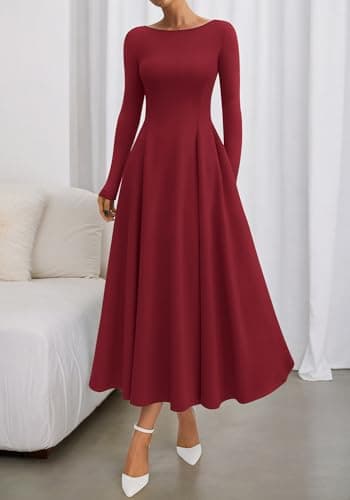 BTFBM Spring Dresses for Women 2026 Trendy Boat Neck Long Sleeve A Line Flowy Knit Loose Casual Elegant Party Maxi Dress(Burgundy, XX-Large) - Thumbnail 5