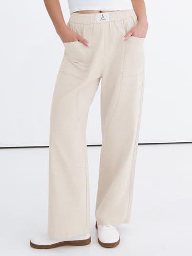 ANRABESS Womens Casual Pants 2026 Summer Loose Fit Lounge Pants with Pockets High Waisted Elastic Waist Straight Leg Trousers Beige S - Thumbnail 2