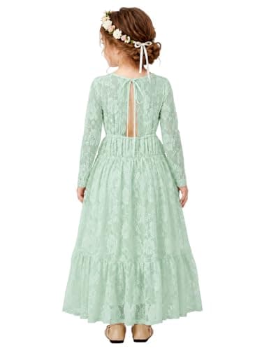 ALLOVIN Toddler & Girls Long Sleeve Lace Flower Girl Dress Maxi Boho A-Line Dress for Wedding Baptism 1st Communion | Sage Green | 3-4Y - Image 1