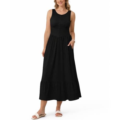 materasu Button-Front Sleeveless MidiDress with Pocket: for Women Comfortable Casual Dress with Ruffle Hem,Perfect for Summer&Everyday Wear Black - Image 1