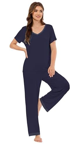 LUBOT Bamboo Viscose Pajamas for Women Soft Breathable Cooling Womens Pajama Set Two Piece PJ Sets Short Sleeve Pants Loungewear Nightwear Sleepwear (Navy Blue,S) - Thumbnail 2