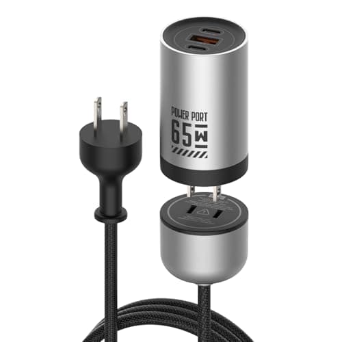 MFish 65W GaN Fast Wall Charger Block with 2 USB-C & 1 USB-A Ports, 5ft Nylon Extension Adapter – High-Speed Charging for iPhone, iPad, MacBook, Samsung Galaxy, and More Devices (Space Silver) - Image 1