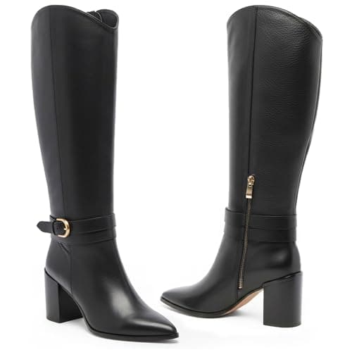 WIRALOMI Buckle Boots for Women Knee High Side Zipper Boots Black Leather Pointed Toe Chunky High Heel Fall Boots,9.5 - Thumbnail 5