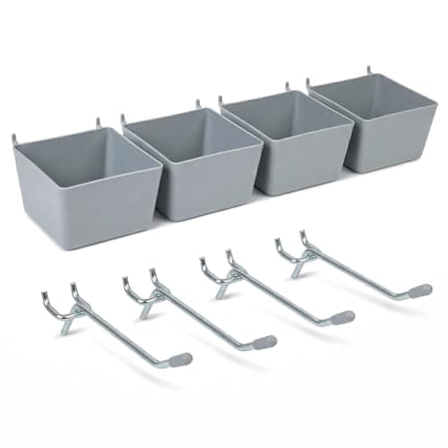 Qokylind Pegboard Bins and Hooks Set, 4 Pack Open Front Storage Bins with 2 Inch Hooks, Small Parts Organizer Add-On for Screws, Nails, Tools, Garage Workshop Wall Storage