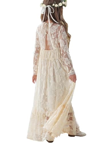 ALLOVIN Toddler & Girls Long Sleeve Lace Flower Girl Dress Maxi Boho A-Line Dress for Wedding Baptism 1st Communion | Light Yellow | 10-11Y - Image 1