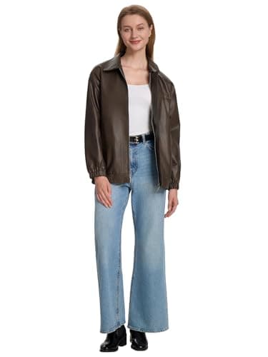 Moreone Faux Leather Jacket Women Oversize Leather Bomber Jacket Zip Up Going Out Jackets for Women 2026 Fall Fashion Moto Jacket coffee S - Thumbnail 6