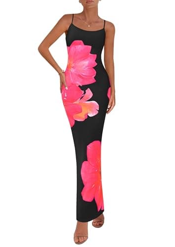 PRETTYGARDEN Womens Summer Floral Maxi Dress 2026 Sexy Spaghetti Strap Long Bodycon Mesh Party Beach Vacation Dresses(Black Pink Flower,XX-Large) - Image 1