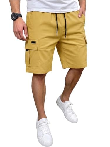 JEMLDL Men's Casual Cargo Shorts Stretch Waist Drawstring Classic Summer Outdoor Work Short with 5 Pockets Khaki XL - Image 1