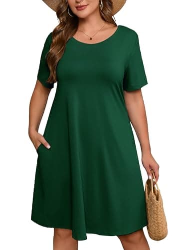 AusLook Plus Size Midi Dress for Women Casual Summer Short Sleeve A Line Swing Dark Green 3X Dress with Pockets Round Neck Flowy Knee Length T Shirt Vacation Beach Sundress - Image 1