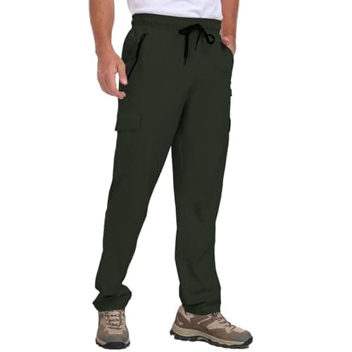 Mens Cargo Hiking Pants with 4 Pockets Waterproof Quick Dry Lightweight UPF 50+ Elastic Waist Drawstring Casual Work Travel Outdoor Fishing Army Green L - Image 1