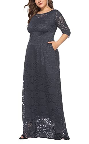 Eternatastic Womens Floral Lace 2/3 Sleeves Maxi Dress Evening Party Long Dress XXL Dark Gray - Thumbnail 2