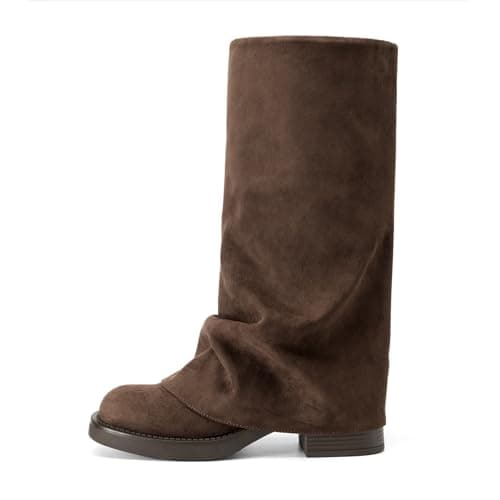 Athlefit Slouchy Mid Calf Boots for Women Fold Over Square Toe Platform Wide Calf Pull On Brown Suede Fall Boots for Travel Vacations Size 9.5 - Image 1